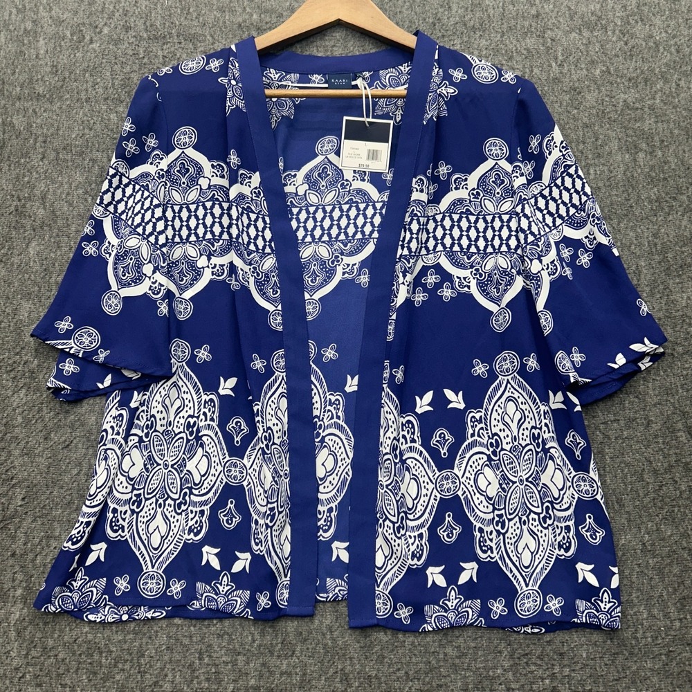 Kaari Blue Kimono L Blue White‎ Open Top Cardigan Cover Tile Work La Dolce Vita